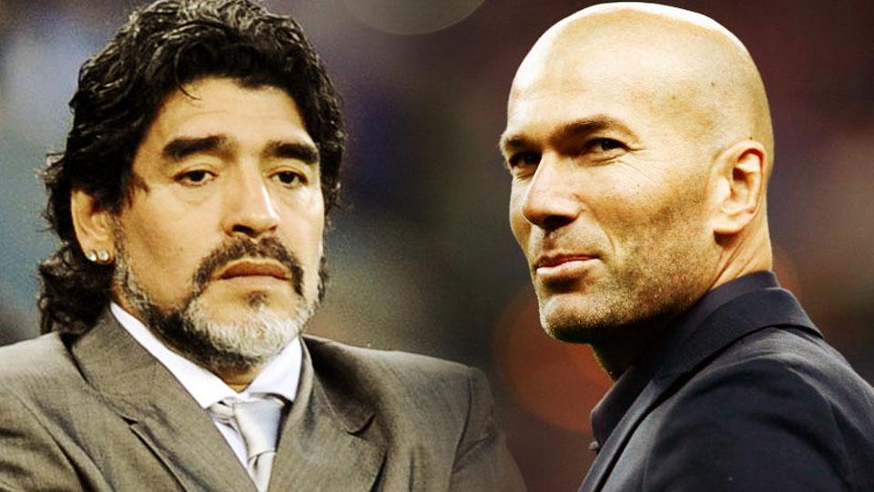 Diego Maradona (kiri) dan Zinedine Zidane. - INDOSPORT